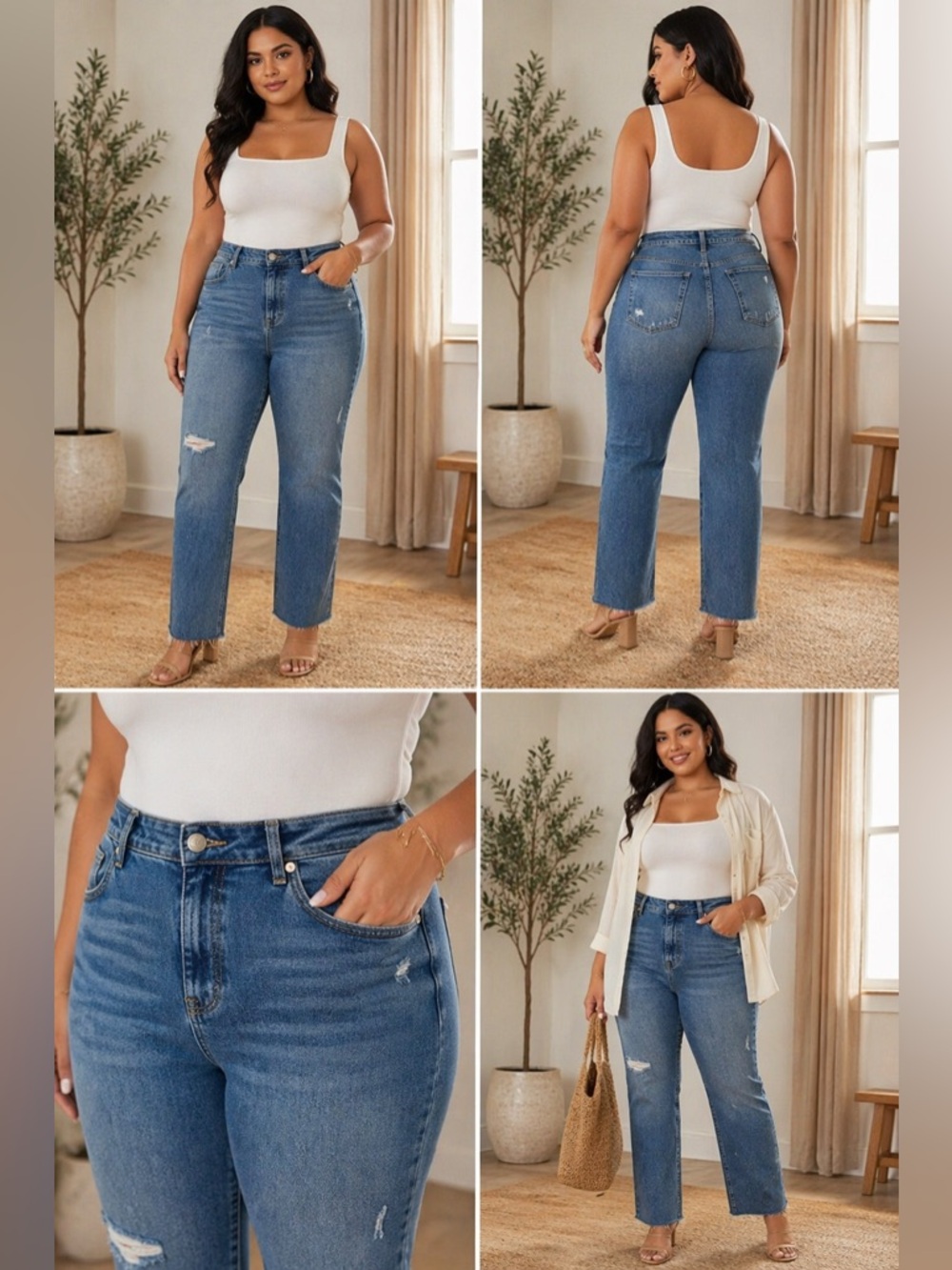 Blue Distressed Super High Rose Straight Jeans